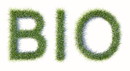 Obraz na płótnie Canvas Conceptual green lawn grass forming the word BIO isolated on white background. 3d illustration metaphor for ecology, reycling, renwable energy, no chemical agriculture, natural and heathy food