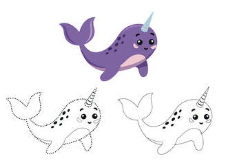 Color animal Narwhal. game for young children, circle dots. Arctic collection