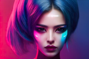 Beautiful illustration of female android in neon lighting. Ai generated portrait, is not based on any original real image, person or character