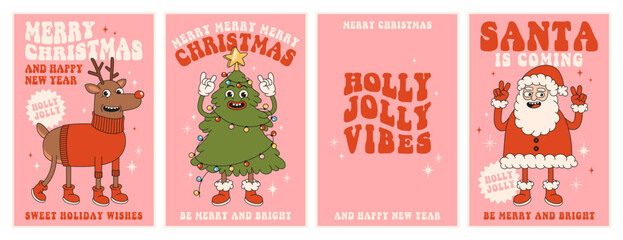 Merry Christmas and Happy New year. Santa Claus, Christmas tree, reindeer, holly jolly vibes in trendy retro cartoon style. Greeting cards, posters, prints, party invitations. Red and pink colors.