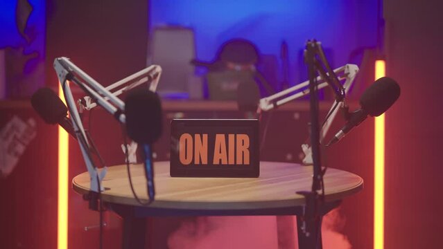 Podcast talk show on air in kitchen with smoke blast red neon lights 4K