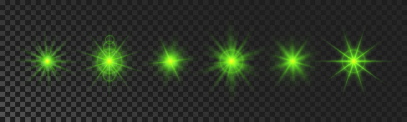 Set of green glowing sparkling stars