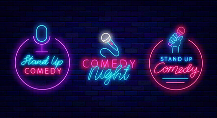 Stand up comedy neon signboards collection. Comic night show. Light signs pack. Vector stock illustration - obrazy, fototapety, plakaty