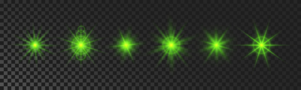 Set of green glowing sparkling stars