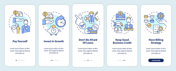 Managing small business finances tips onboarding mobile app screen. Walkthrough 5 steps editable graphic instructions with linear concepts. UI, UX, GUI template. Myriad Pro-Bold, Regular fonts used