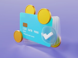 Credit card with golden coins, glass elements and check mark 3d render