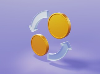 Currency exchange sign with glass arrows and golden coins 3d render