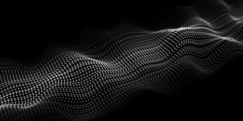 Digital halftone wave with dots on the dark background. The futuristic abstract structure of network connection. Big data visualization. 3D rendering.