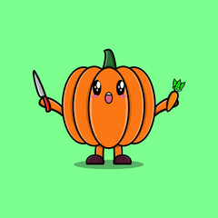 Cute cartoon Pumpkin character holding knife and carrot in modern style design