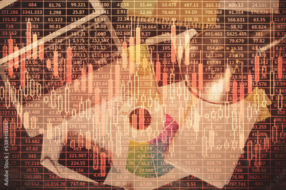 Poster Financial market graph and top view computer on the desktop background. Multi exposure. Investment concept.