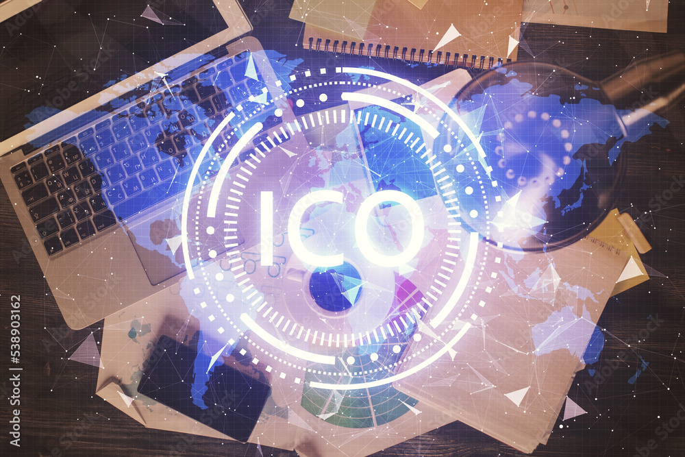 Poster Blockchain theme hologram drawings over computer on the desktop background. Top view. Double exposure.