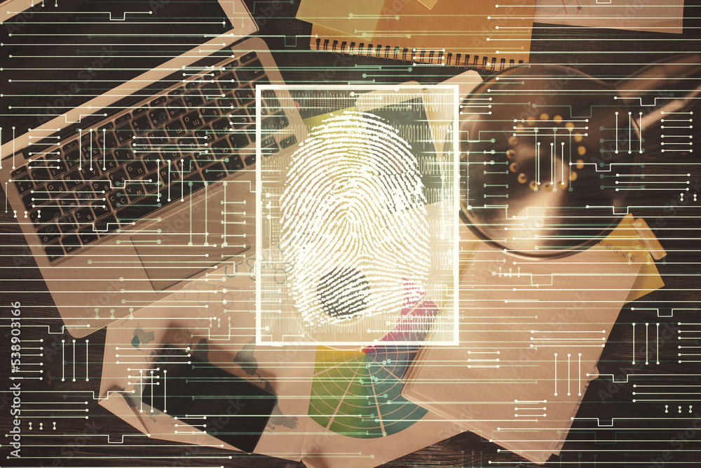 Aufkleber Finger print over computer on the desktop background. Top view. Double exposure. Concept of securitization.