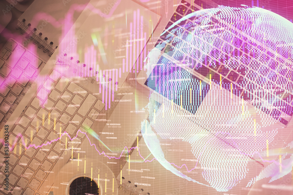 Poster Financial market graph and top view computer on the desktop background. Multi exposure. Investment concept.