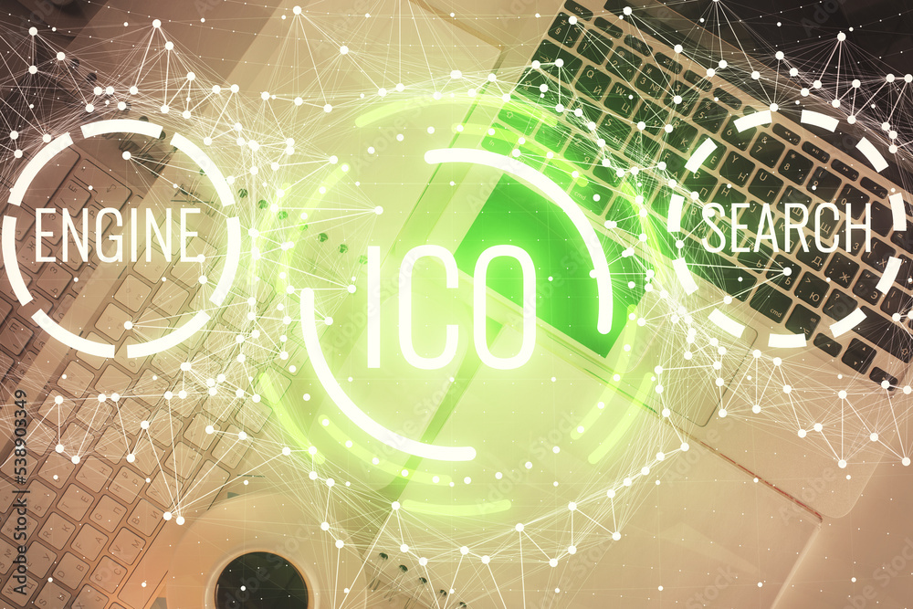 Poster Blockchain theme hologram drawings over computer on the desktop background. Top view. Double exposure.