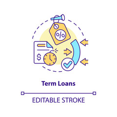 Term loans concept icon. Repayment flexibility. Source of long term financing abstract idea thin line illustration. Isolated outline drawing. Editable stroke. Arial, Myriad Pro-Bold fonts used