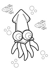 Squid Underwater Animals Coloring Pages A4 for Kids and Adult