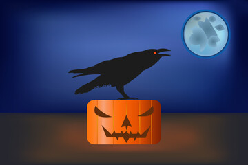 A bird, a raven sitting on a pumpkin, the night, the moon. The concept to the Helovin . Vector drawing.