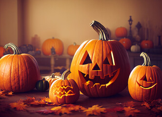 Halloween pumpkin scary jack o lantern, holiday season concept, Orange color, autumn, October spooky pumpkins design 