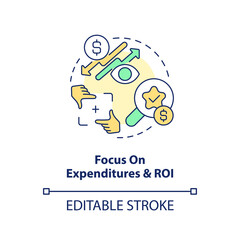 Focus on expenditures and ROI concept icon. Managing small business finance guide abstract idea thin line illustration. Isolated outline drawing. Editable stroke. Arial, Myriad Pro-Bold fonts used