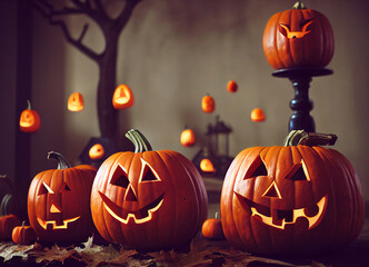 Halloween pumpkin scary jack o lantern, holiday season concept, Orange color, autumn, October spooky pumpkins design 