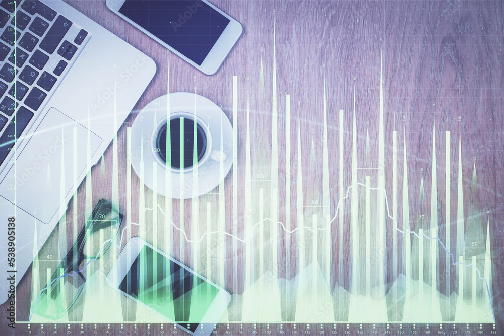Poster multi exposure of financial chart hologram over desktop with phone. top view. mobile trade platform 