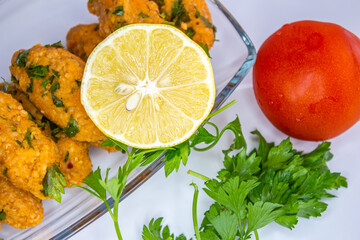 Turkish food lentil paste or Mercimek Kofte. Closeup photo of lentil meatball.