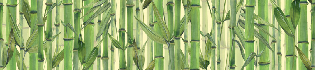 Stems, leaves and branches of bamboo on a light background. Watercolor illustration. Seamless horizontal board made of a large set of BAMBOO AND PANDA. For the design and decoration of banners