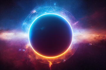Obraz premium Galactic Deep Space Halo. Stunning Landscape of Universe. Cosmos Nebula Concept Art. Glow Stardust and Blackhole. 3D Illustration. 