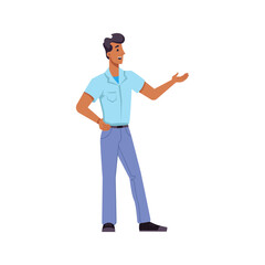 Presenter or guide talking and pointing aside, isolated personage working in museum on excursion. Exhibition or presentation. Flat cartoon character, vector in flat style
