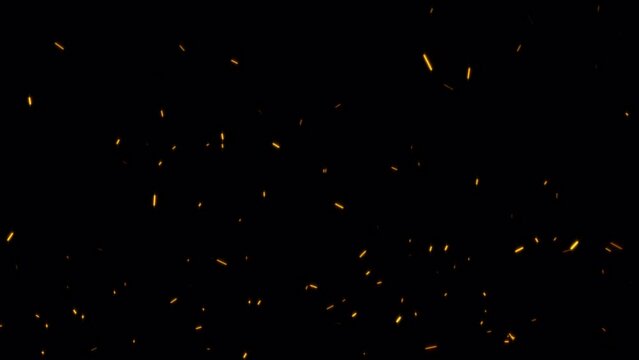 Loop flow up glow orange fire particles sparks rising up on black background. 4K 3D animation of fiery orange glowing flying ember burning ash particles.Isolated  alpha channel using Quicktime Apply p