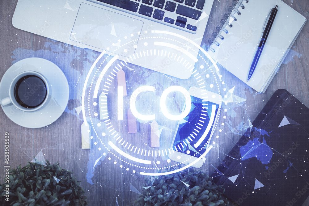Poster Double exposure of blockchain theme hologram over table with phone. Top view. Crypto technology concept.