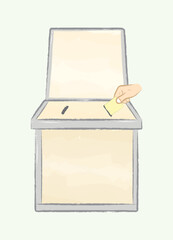 Yellow ballot container with voting gesture in flat vector illustration