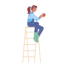 Female character sitting on ladder picking ripe apples, isolated farmer woman on field or garden. Harvesting season at farm. Vector in flat cartoon style