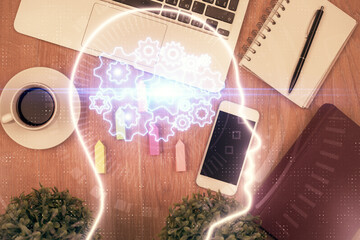 Multi exposure of brain drawing over work table desktop. Top view. Global data analysis concept.