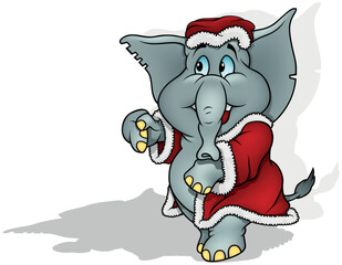 Cute Elephant in Santa Claus Costume - Colored Cartoon Illustration Isolated on White Background, Vector