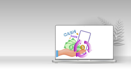 Cash refund service, illustration of a financial payment. Vector drawing. 3d.