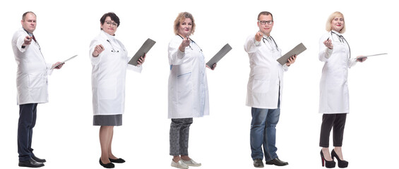 full length group of doctors with notepad isolated