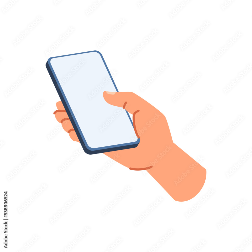 Poster arm of personage holding smartphone, isolated hand with gadget having blank screen. touchscreen cell