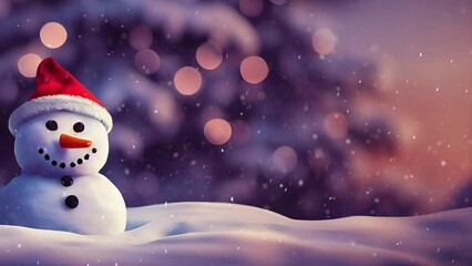 A computer generated 3D illustration composite of a snowman wearing a Santa hat in a winter wonderland Christmas background with snow falling loop. A.I. generated art. - Powered by Adobe