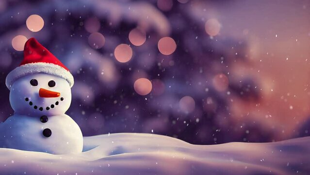 A computer generated 3D illustration composite of a snowman wearing a Santa hat in a winter wonderland Christmas background with snow falling loop. A.I. generated art.
