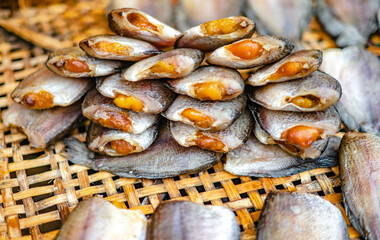 Sun dried gourami sold on the roadside of Nakhon Nayok Province, Thailand.