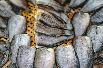 Sun dried gourami sold on the roadside of Nakhon Nayok Province, Thailand.
