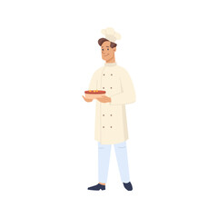 Baker producing cakes and desserts, isolated chef local business and production. Man wearing uniform, confectionery and pastry. Vector in flat cartoon style