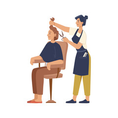 Local hairdresser service in city, woman cuts and styles hair of client. Professional stylist, beauty salon for women. Vector in flat cartoon illustration