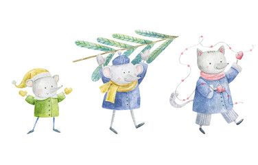 Watercolor  illustration of snowmen. Winter holidays cartoon isolated cute funny snowman card design. snowy festive season christmas, x mas, new year