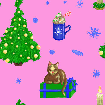 Hand drawn watercolor illustration with Christmas ornaments and snowflakes. Cat on present box with bow and Xmas drink in seamless pattern on pink background. Endless repeating background. Film grain