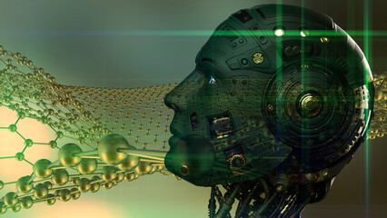 Fototapeta premium Detailed appearance of the deep green AI robot and gold fine hexagonal atoms under yellow background. Concept 3D CG of vaccine development, regenerative and advanced medicine.