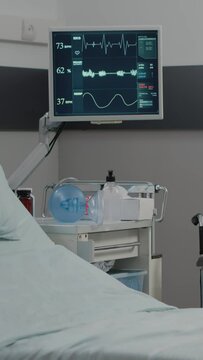 Vertical Video: Empty Hospital Ward With Heart Rate Monitor And Bed For Healthcare And Recovery. Nobody In Emergency Room With Medical Equipment For Intensive Care Patient. Reanimation Room With Tools