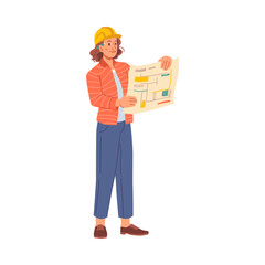 Architect or engineer looking at plan of construction. Isolated woman wearing hardhat, builder or contractor. Personage or character, vector in flat cartoon style