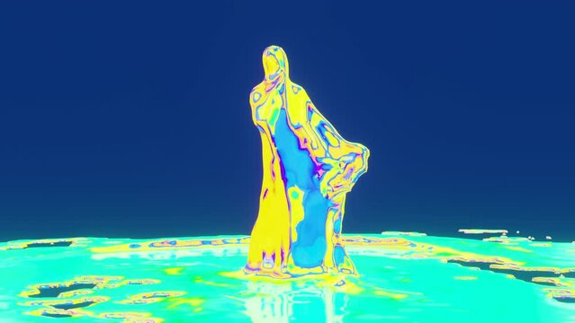 The Figure Made of Liquid Dancing on Bright Background. Hip Hop Dancer Made of Particle Making Some Dance Movements. Animator for Children Birthday or Party Celebration. 3D Rendering